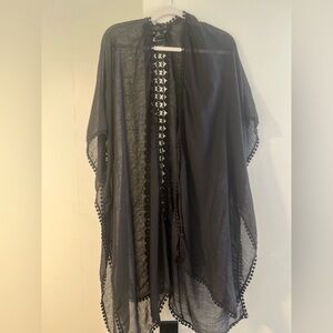 Rachel Zoe Black Sheer Kimono with Pom Pom Details